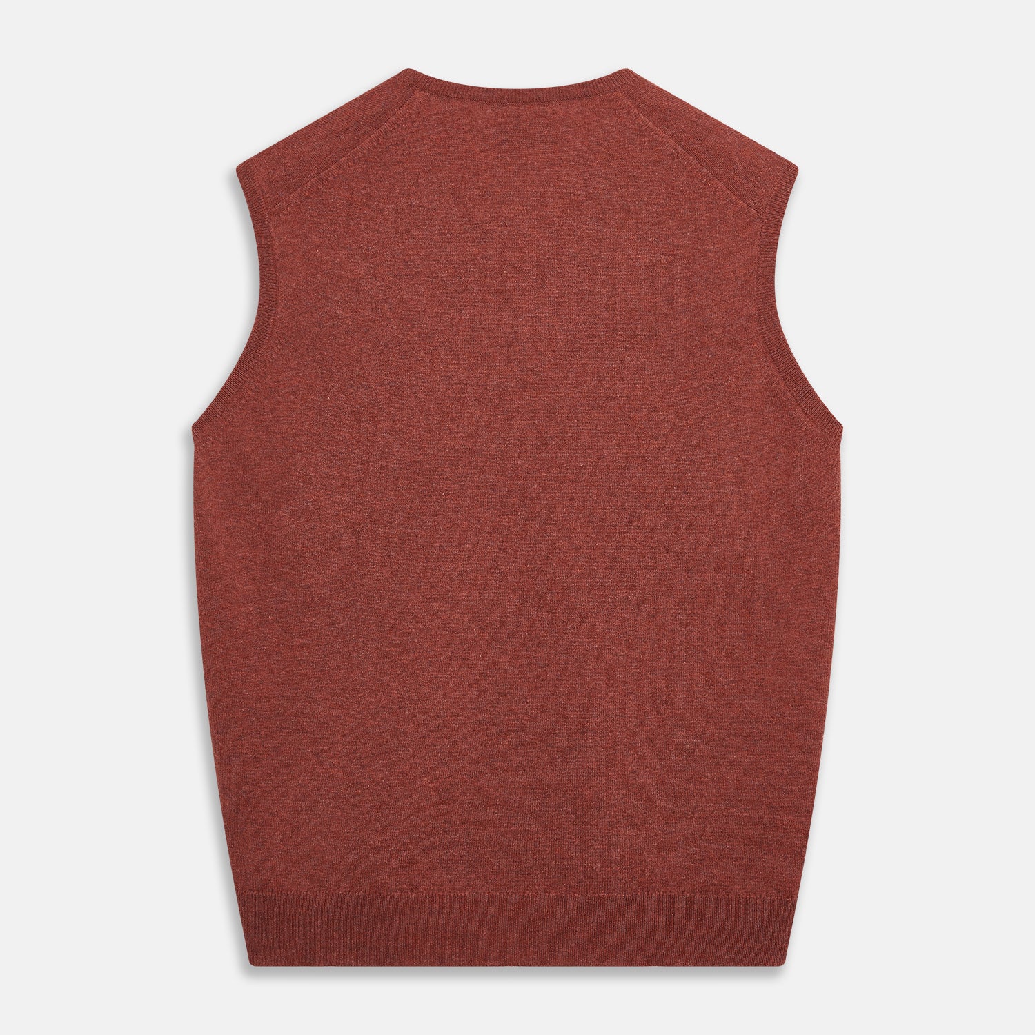 View 3 of product The Turnbull & Asser Burgundy Ifor Cashmere Slipover, a sleeveless V-neck design in fine knit, is shown laid flat on a white background; the neck lining displays a small label, highlighting its Scottish craftsmanship.
