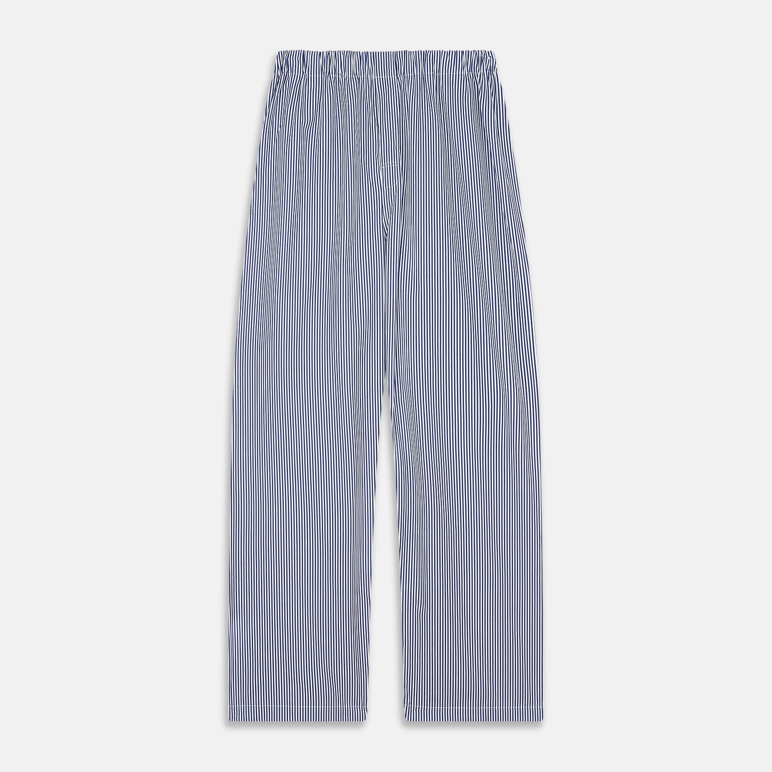 View 5 of product The Turnbull & Asser Navy & White Stripe Cotton Modern Pyjama Set features blue and white Bengal stripes with red piping, a long-sleeve button-up top, chest pocket, and matching pants. Shown laid flat on a white background.