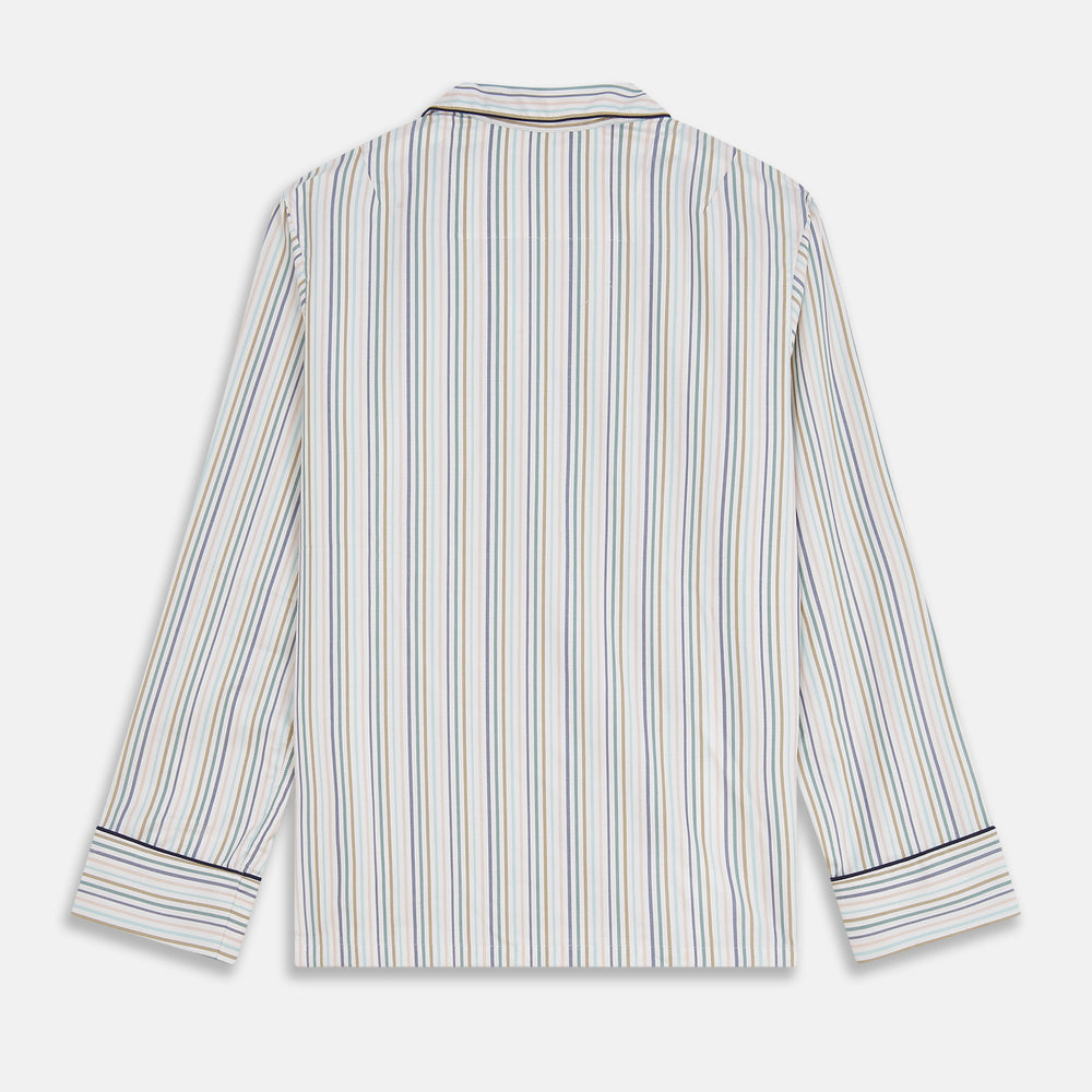 Turnbull & Asser’s Green Multi Stripe Harriet Women’s Pyjama Set features premium cotton, a button-up long-sleeve top, drawstring pants, and thin blue, green, and beige stripes on white with black piping for a timeless look.