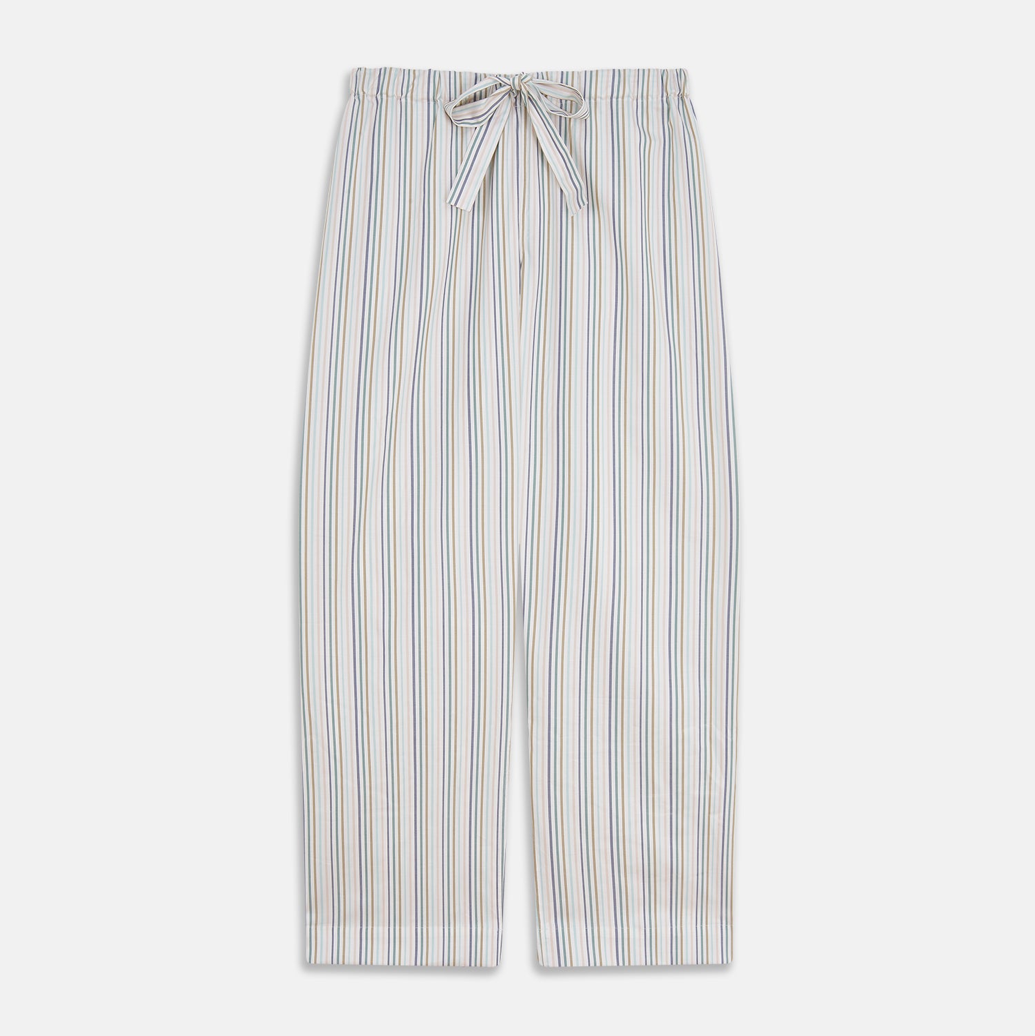 View 5 of product Turnbull & Asser’s Green Multi Stripe Harriet Women’s Pyjama Set features premium cotton, a button-up long-sleeve top, drawstring pants, and thin blue, green, and beige stripes on white with black piping for a timeless look.