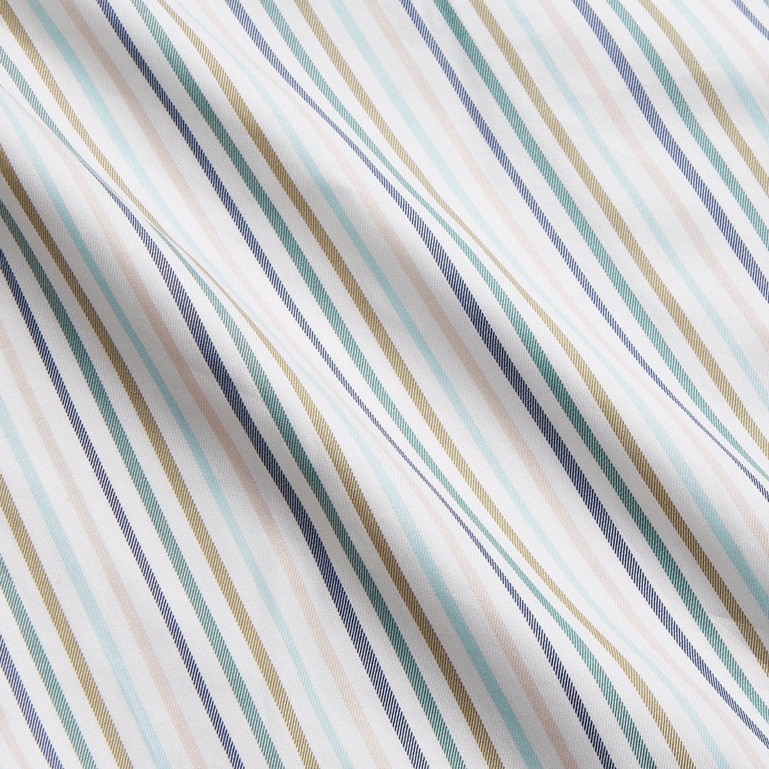 View 2 of product Turnbull & Asser’s Green Multi Stripe Harriet Women’s Pyjama Set features premium cotton, a button-up long-sleeve top, drawstring pants, and thin blue, green, and beige stripes on white with black piping for a timeless look.