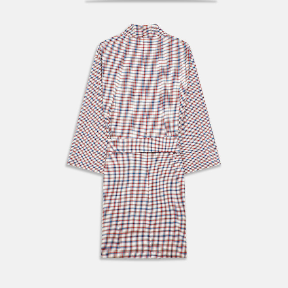 The Turnbull & Asser Burgundy Multi Check Cotton Kimono Gown is a knee-length robe with a burgundy check, red/blue/white pattern, long sleeves, a belt, and a solid burgundy inside collar.