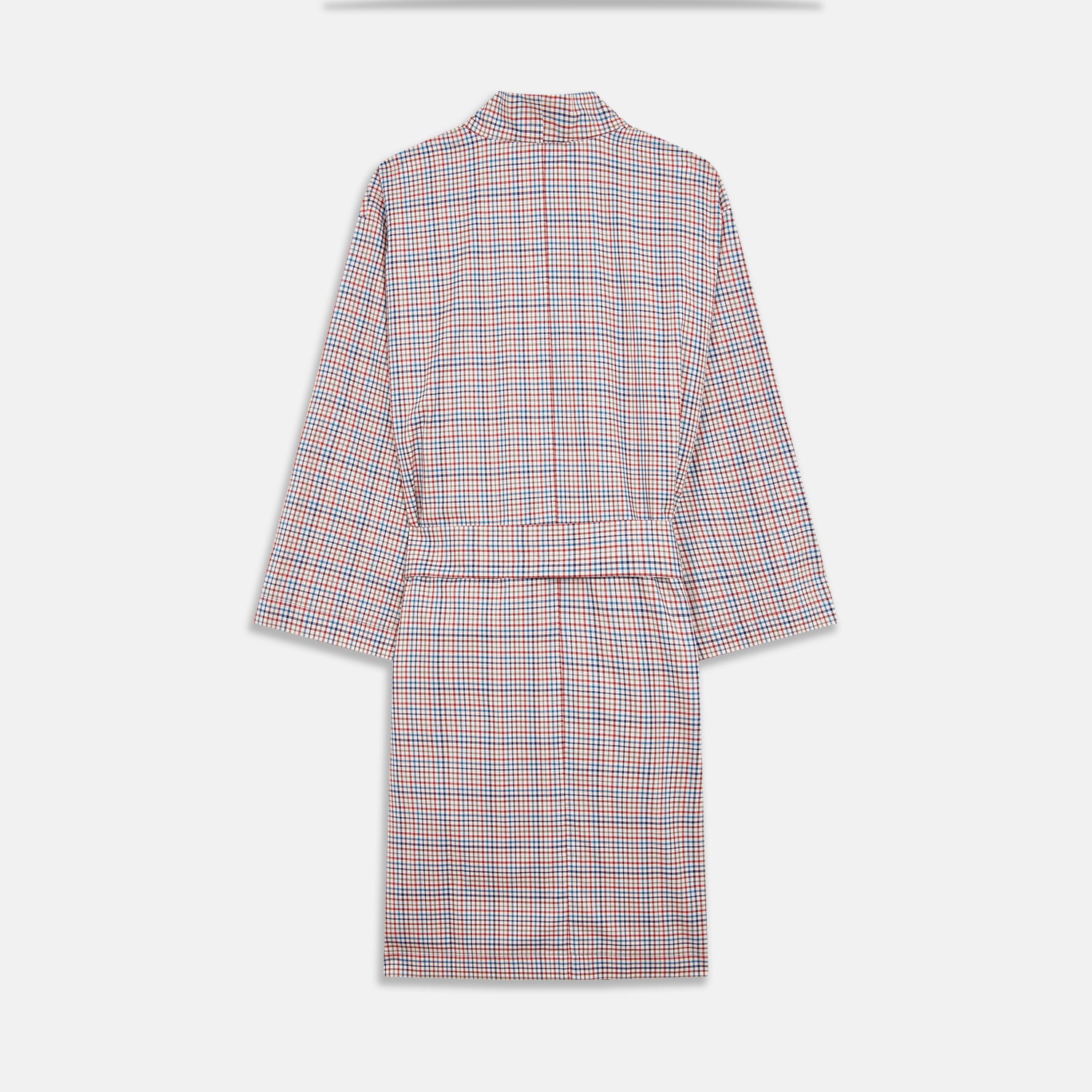 View 4 of product The Turnbull & Asser Burgundy Multi Check Cotton Kimono Gown is a knee-length robe with a burgundy check, red/blue/white pattern, long sleeves, a belt, and a solid burgundy inside collar.