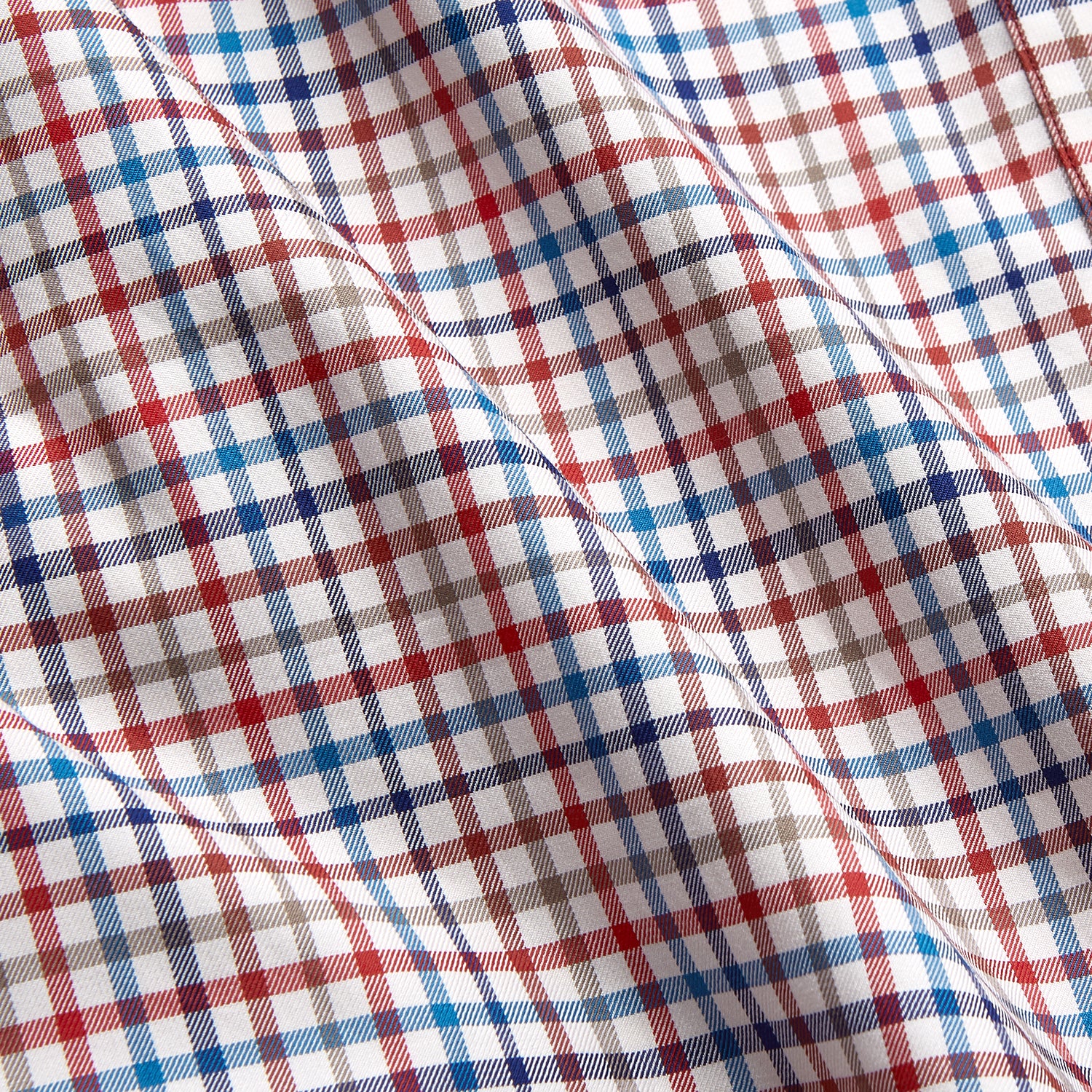 View 3 of product The Turnbull & Asser Burgundy Multi Check Cotton Kimono Gown is a knee-length robe with a burgundy check, red/blue/white pattern, long sleeves, a belt, and a solid burgundy inside collar.