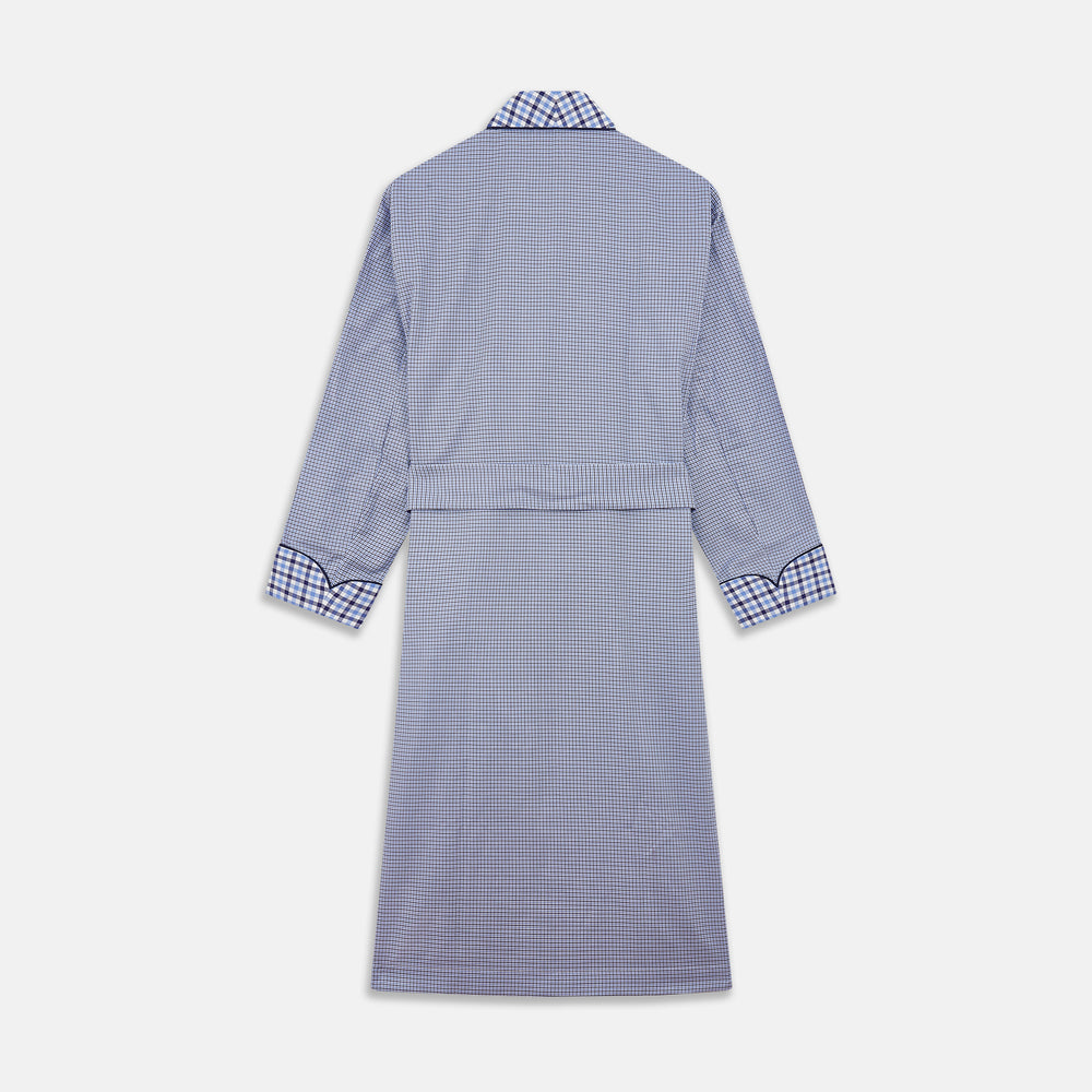 The Blue Multi Check Contrast Cotton Gown by Turnbull & Asser features long sleeves, a matching belt, front pocket, and contrasting checkered trim on the collar, cuffs, and pocket—offering a stylish, modern update to the classic gown.