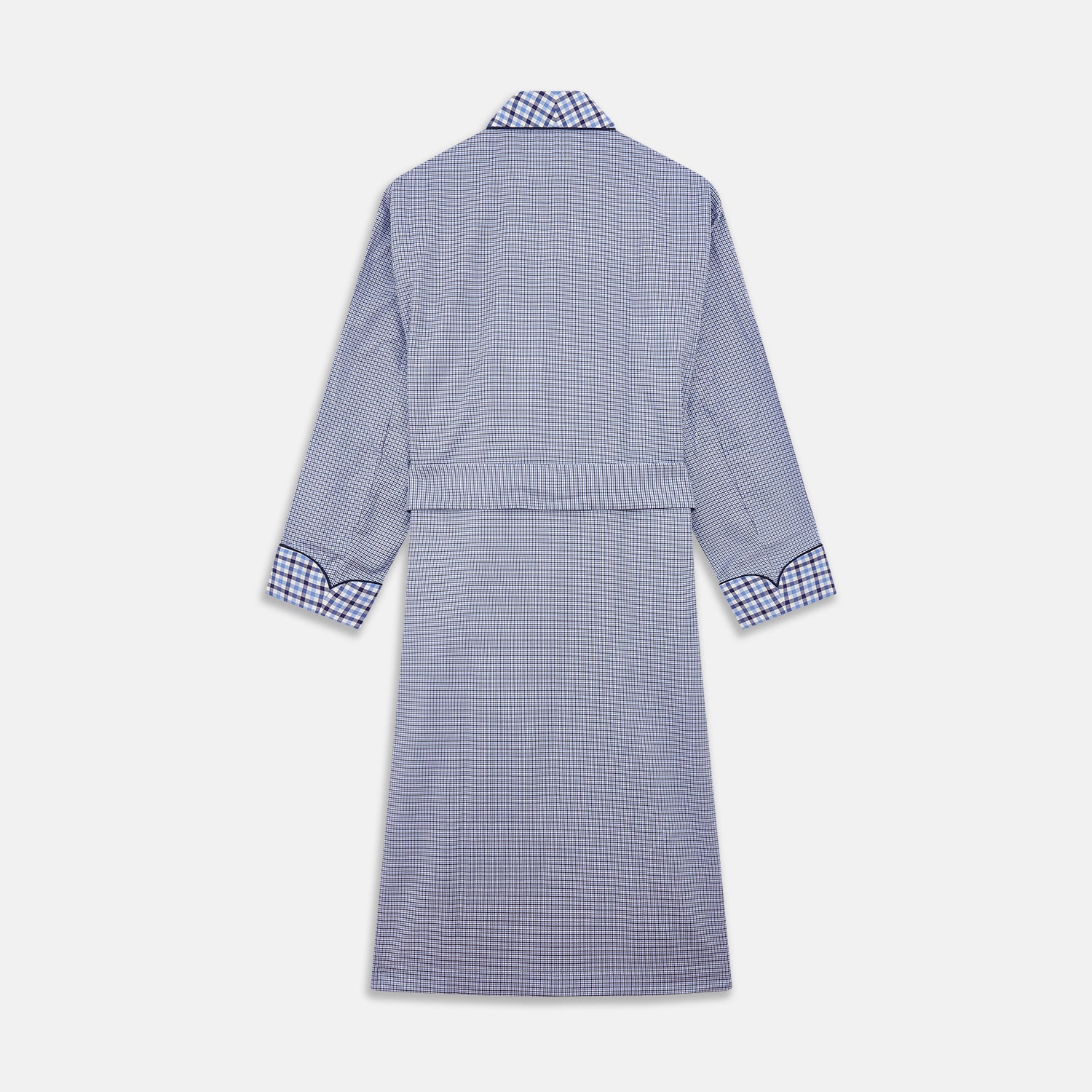 View 5 of product The Blue Multi Check Contrast Cotton Gown by Turnbull & Asser features long sleeves, a matching belt, front pocket, and contrasting checkered trim on the collar, cuffs, and pocket—offering a stylish, modern update to the classic gown.