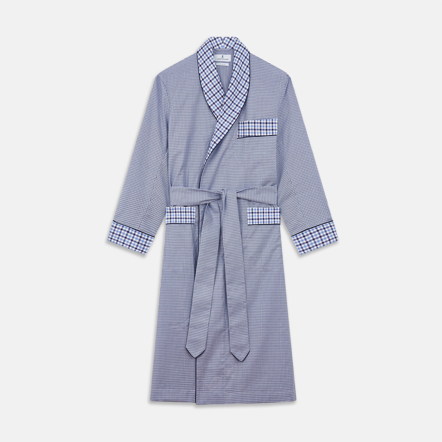 View 1 of product The Blue Multi Check Contrast Cotton Gown by Turnbull & Asser features long sleeves, a matching belt, front pocket, and contrasting checkered trim on the collar, cuffs, and pocket—offering a stylish, modern update to the classic gown.