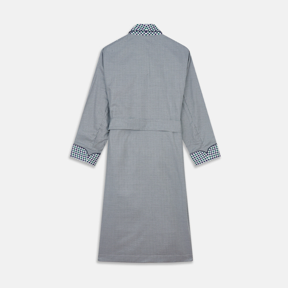 A Turnbull & Asser Green Multi Check Contrast Cotton Gown with a belt, featuring checkered trim on the collar, pocket, cuffs, and hem, laid flat on a white background.