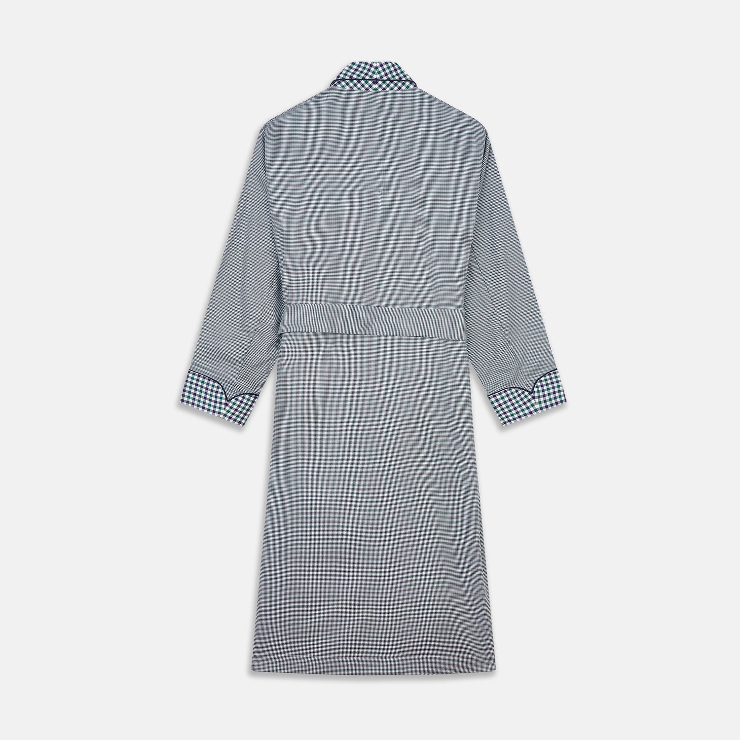 View 5 of product A Turnbull & Asser Green Multi Check Contrast Cotton Gown with a belt, featuring checkered trim on the collar, pocket, cuffs, and hem, laid flat on a white background.