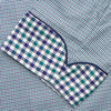 View 3 of product A Turnbull & Asser Green Multi Check Contrast Cotton Gown with a belt, featuring checkered trim on the collar, pocket, cuffs, and hem, laid flat on a white background.