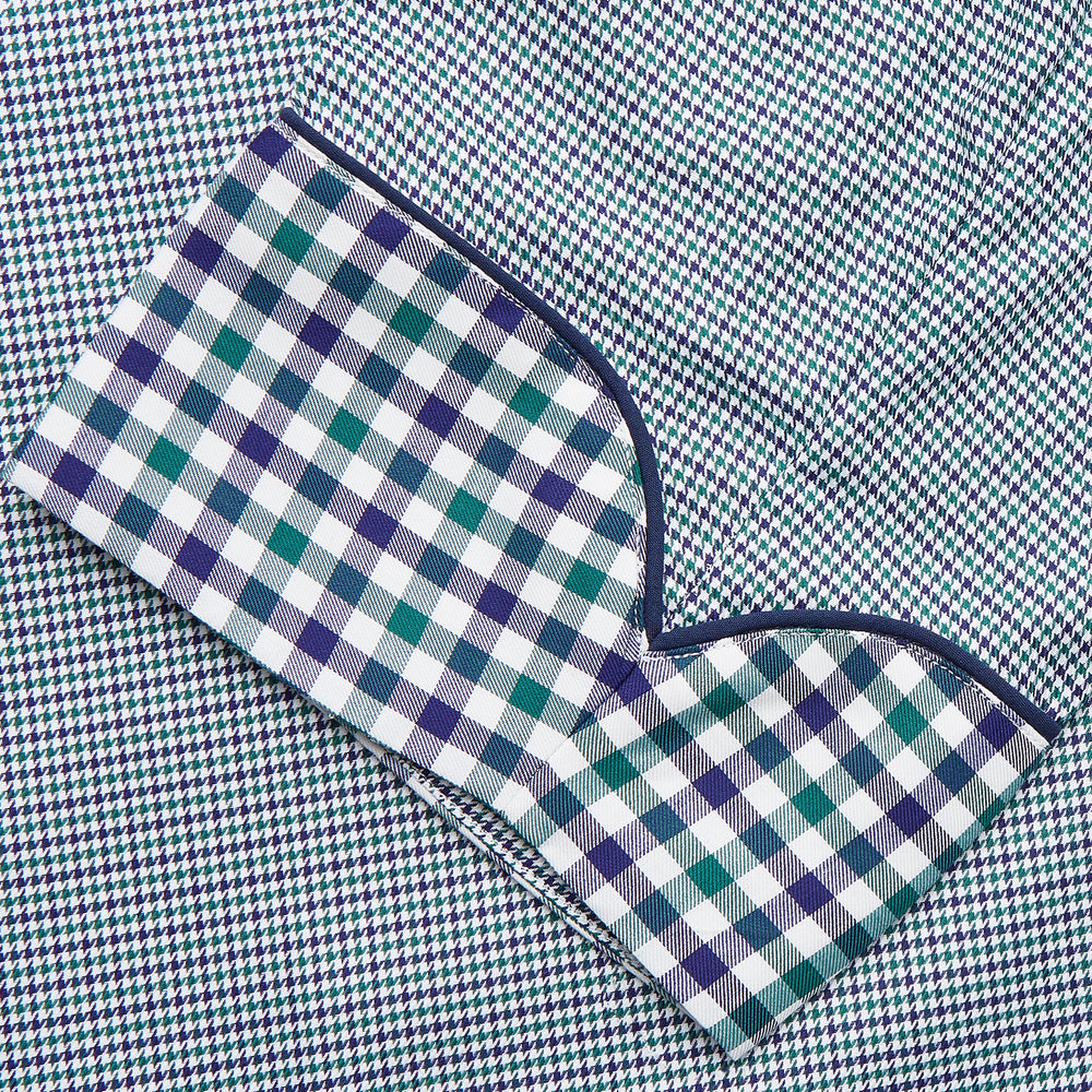 A Turnbull & Asser Green Multi Check Contrast Cotton Gown with a belt, featuring checkered trim on the collar, pocket, cuffs, and hem, laid flat on a white background.