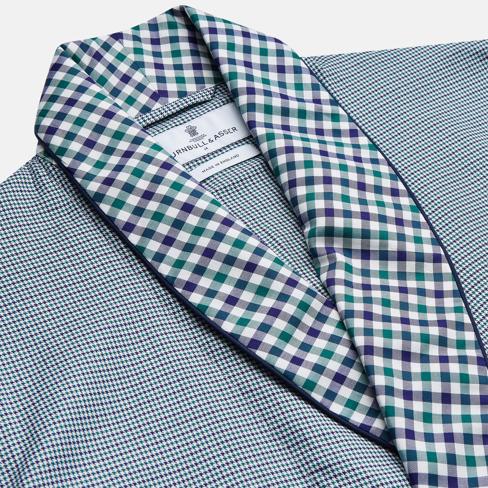 A Turnbull & Asser Green Multi Check Contrast Cotton Gown with a belt, featuring checkered trim on the collar, pocket, cuffs, and hem, laid flat on a white background.