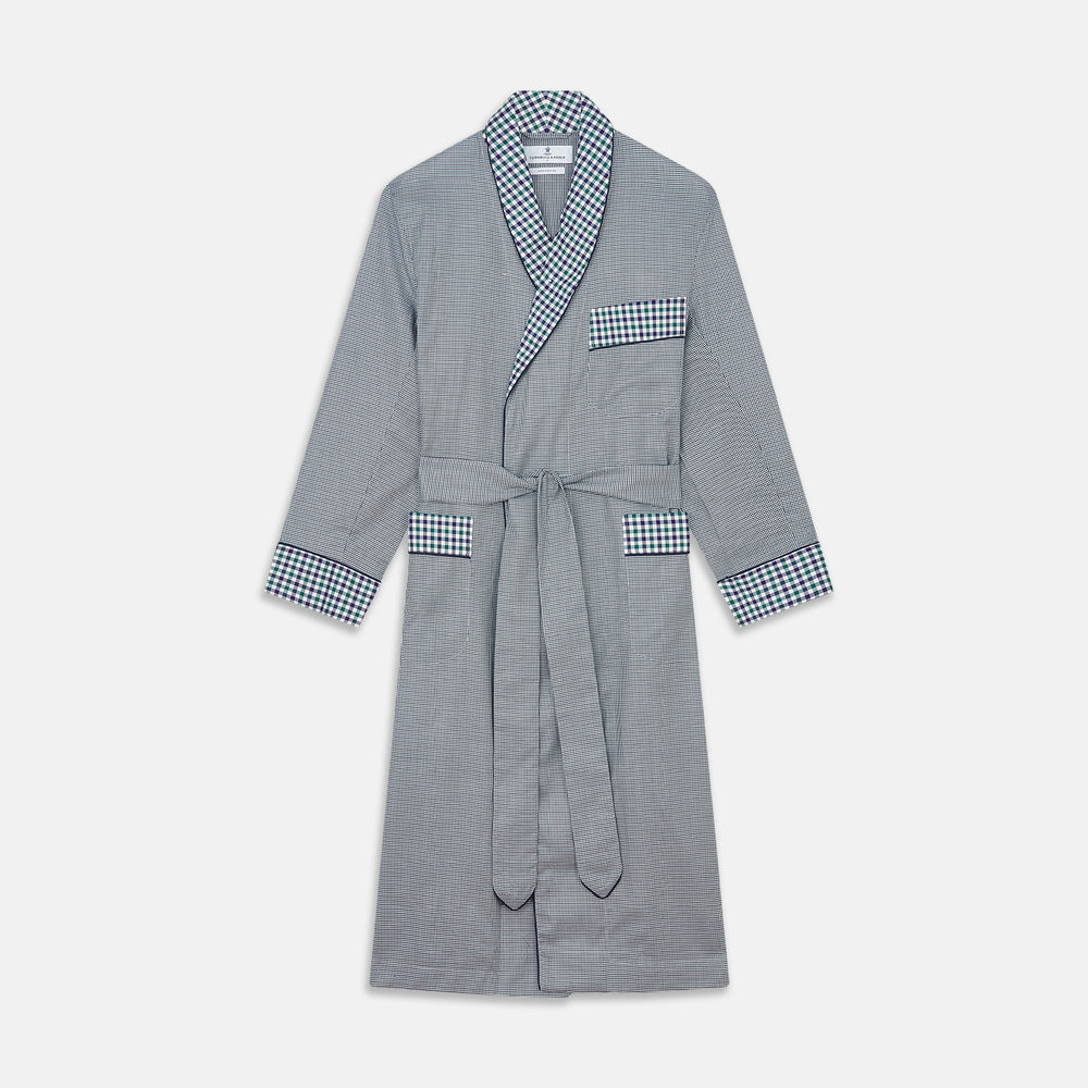A Turnbull & Asser Green Multi Check Contrast Cotton Gown with a belt, featuring checkered trim on the collar, pocket, cuffs, and hem, laid flat on a white background.