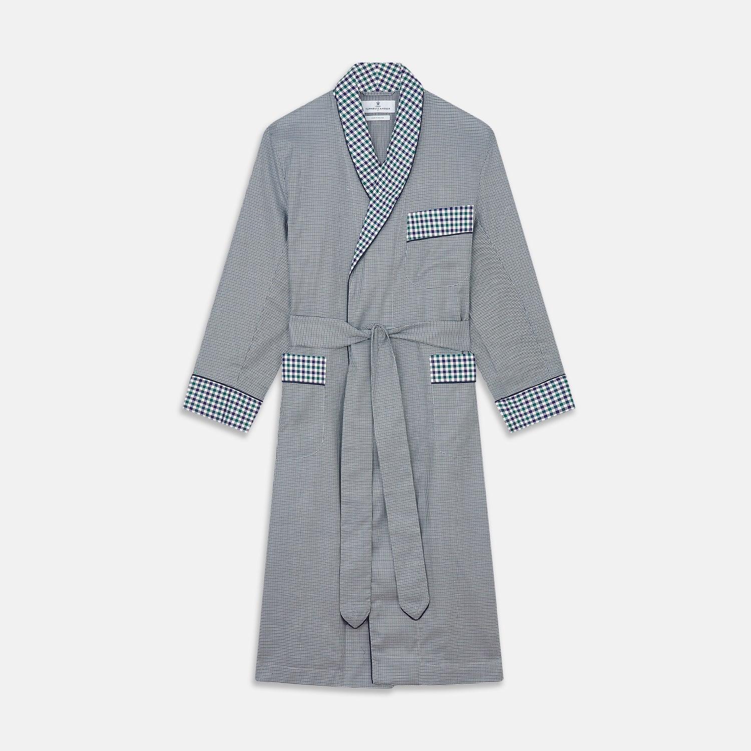 View 1 of product A Turnbull & Asser Green Multi Check Contrast Cotton Gown with a belt, featuring checkered trim on the collar, pocket, cuffs, and hem, laid flat on a white background.