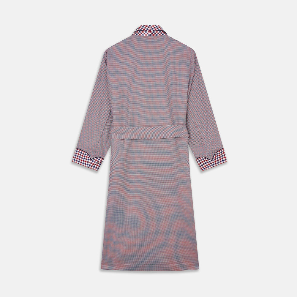 The Turnbull & Asser Burgundy Multi Check Contrast Cotton Gown features a long silhouette with a shawl collar, waist tie, and three pockets, accented by red, black, and white checkered trim—ideal for luxurious nights at home.