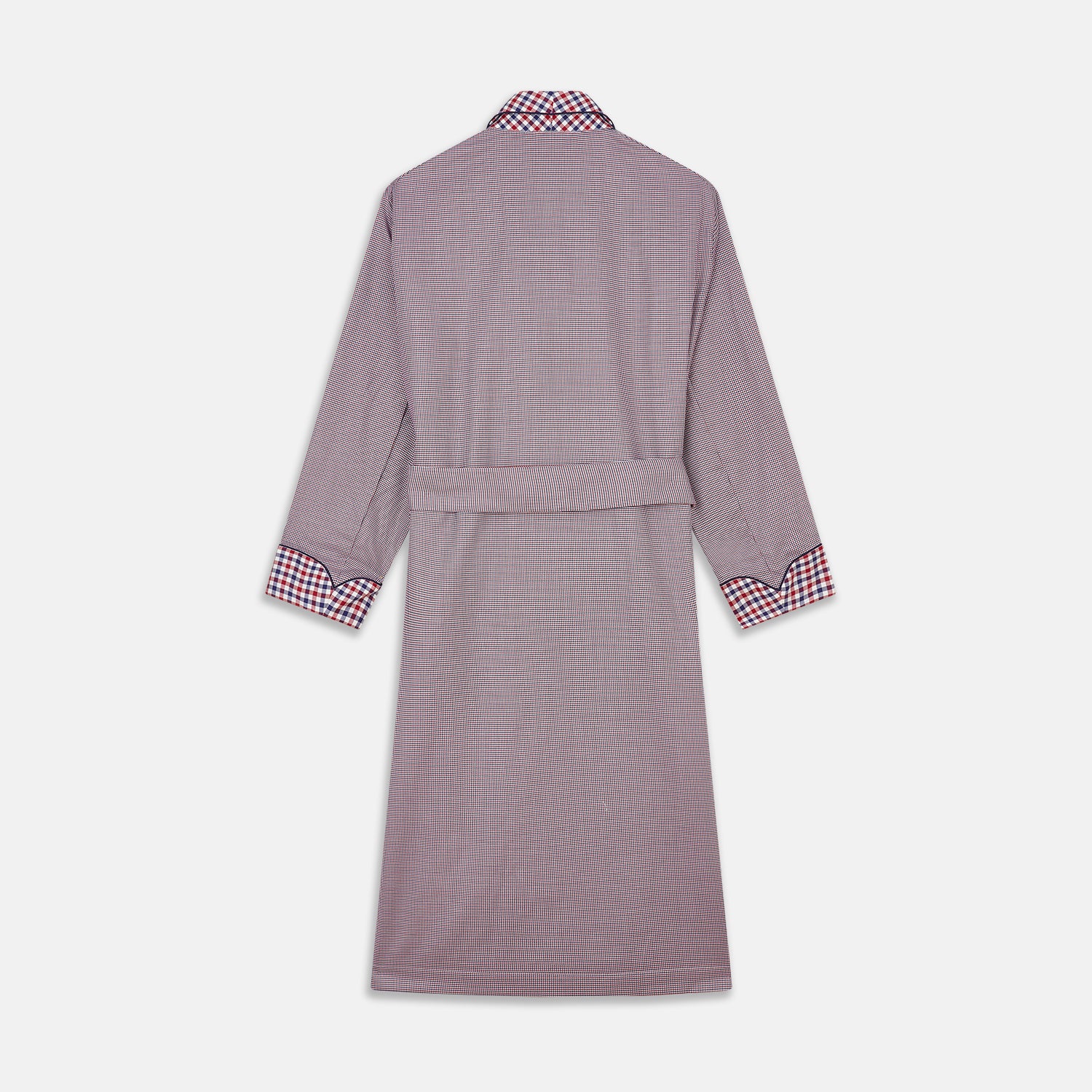 View 5 of product The Turnbull & Asser Burgundy Multi Check Contrast Cotton Gown features a long silhouette with a shawl collar, waist tie, and three pockets, accented by red, black, and white checkered trim—ideal for luxurious nights at home.
