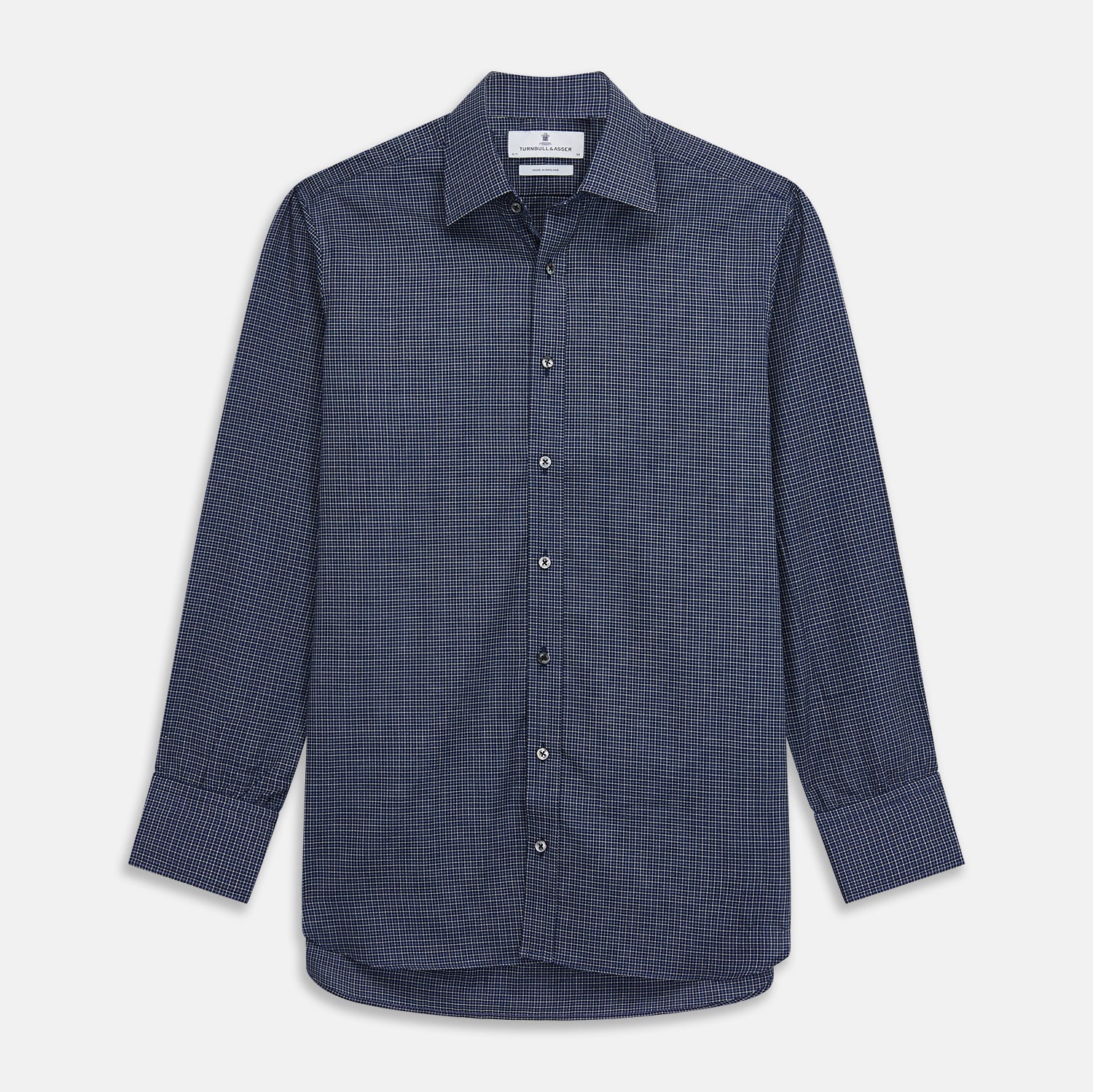 View 2 of product A man in a tie wears the Turnbull & Asser Navy Check Regular Fit Flannel Shirt with T&A collar and 3 button cuffs.