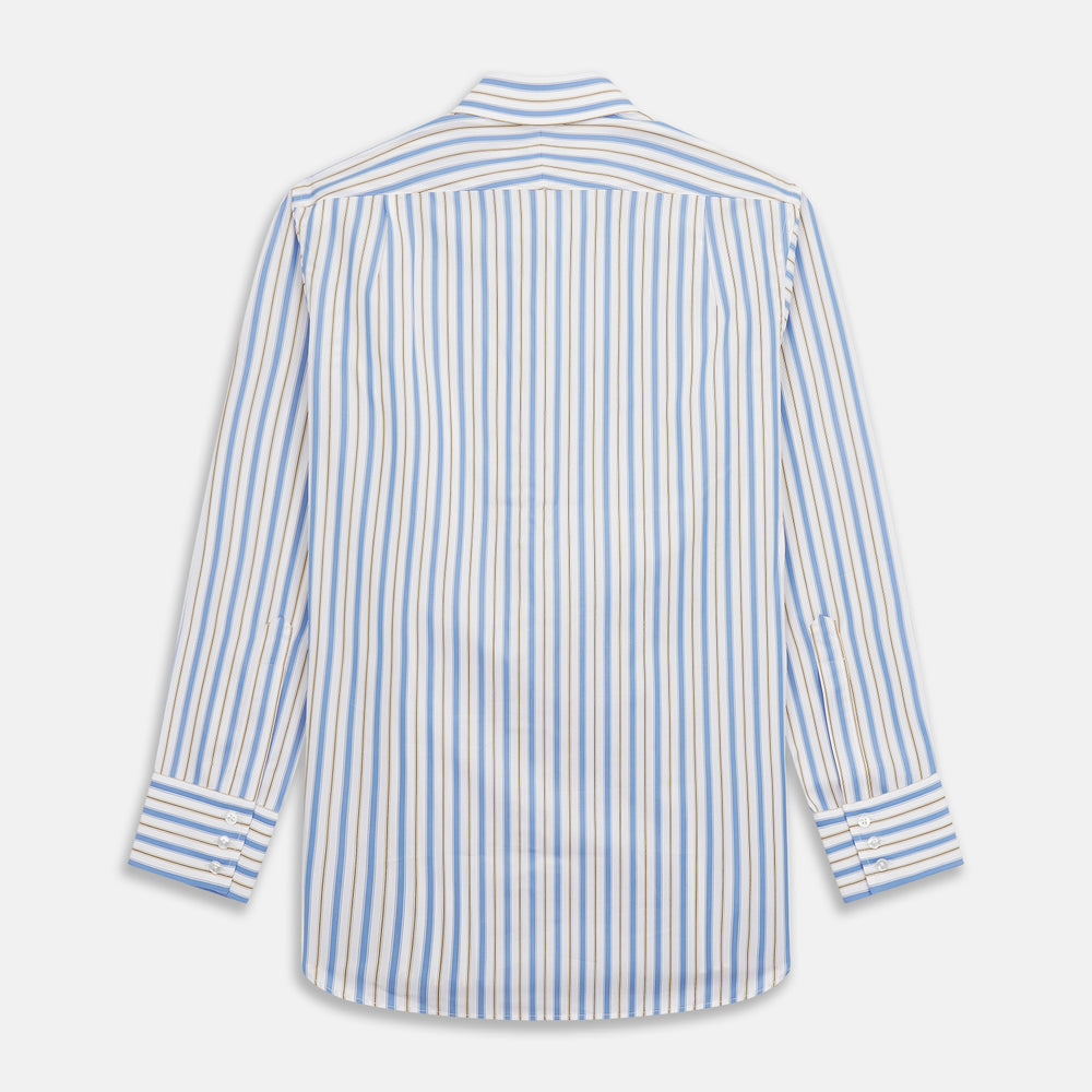 The Turnbull & Asser Blue Multi Stripe Regular Fit Shirt features a classic T&A collar, 3 button cuffs, and vertical blue, white, and yellow stripes for a timeless look.