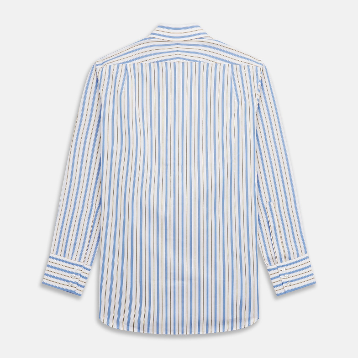 View 7 of product The Turnbull & Asser Blue Multi Stripe Regular Fit Shirt features a classic T&A collar, 3 button cuffs, and vertical blue, white, and yellow stripes for a timeless look.