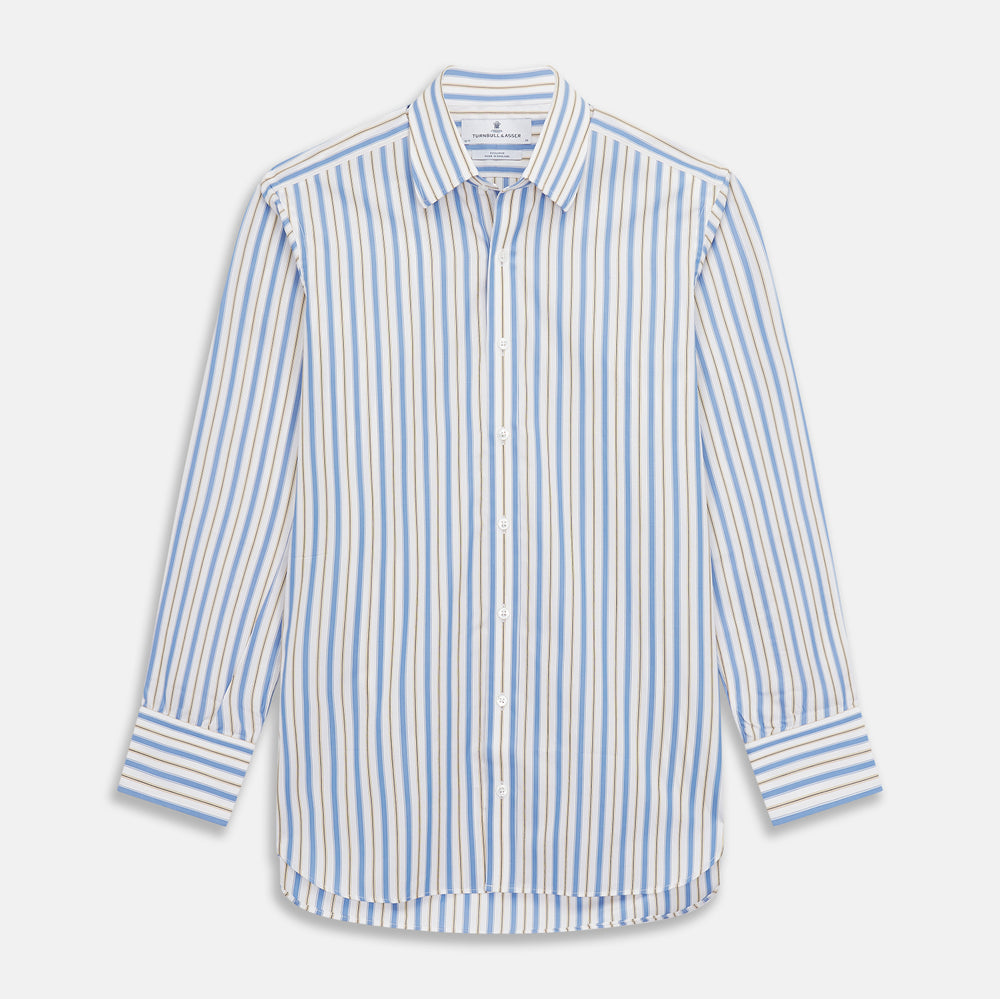 The Turnbull & Asser Blue Multi Stripe Regular Fit Shirt features a classic T&A collar, 3 button cuffs, and vertical blue, white, and yellow stripes for a timeless look.