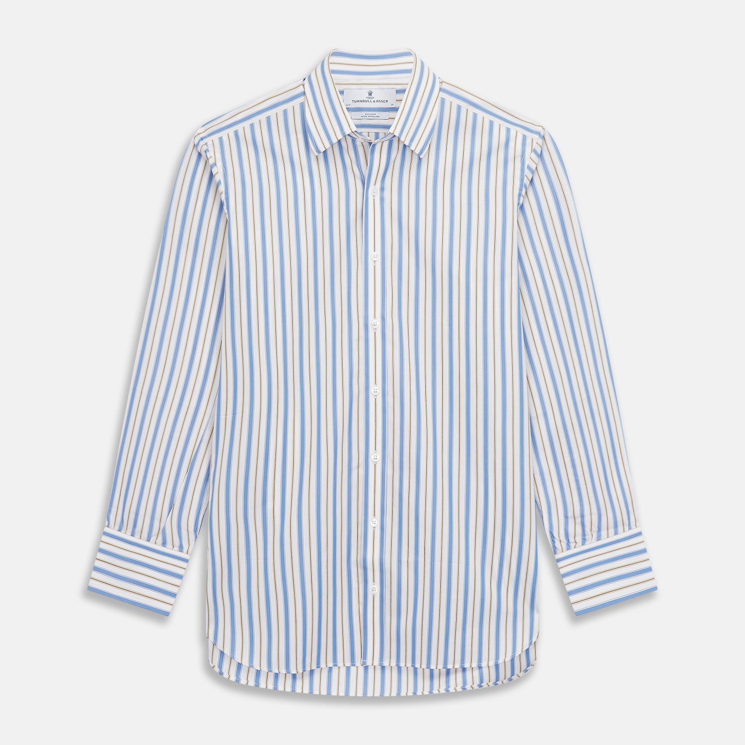 View 1 of product The Turnbull & Asser Blue Multi Stripe Regular Fit Shirt features a classic T&A collar, 3 button cuffs, and vertical blue, white, and yellow stripes for a timeless look.