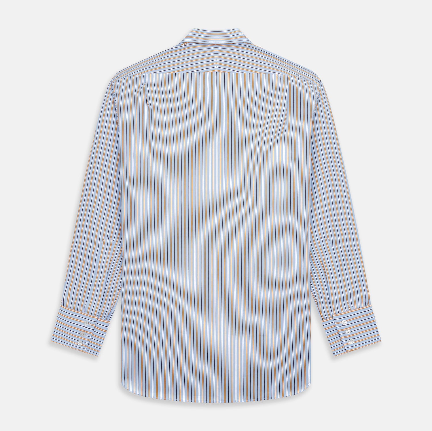 View 6 of product A man stands against a beige background, wearing a Turnbull & Asser Blue, Orange & Navy Multi Stripe Regular Fit Shirt with T&A collar and 3-button cuffs, tucked into tan dress pants with a black belt. He faces forward with a neutral expression.
