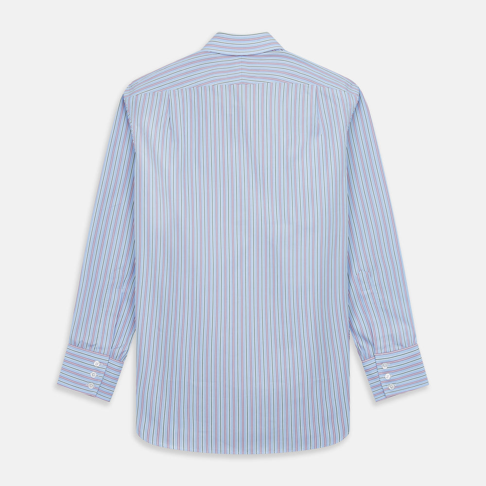 The Turnbull & Asser Blue, Purple & Green Stripe Regular Fit Shirt features a T&A collar and 3 button cuffs, laid flat on a white surface.