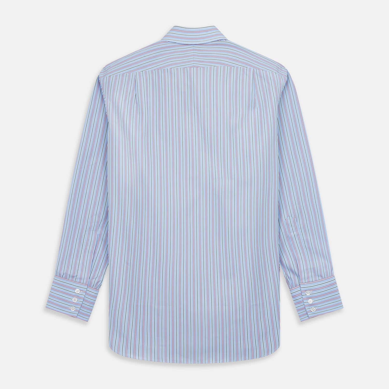 View 5 of product The Turnbull & Asser Blue, Purple & Green Stripe Regular Fit Shirt features a T&A collar and 3 button cuffs, laid flat on a white surface.