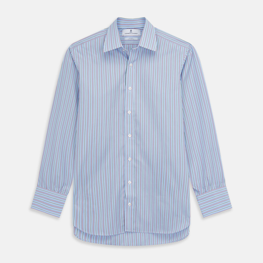 The Turnbull & Asser Blue, Purple & Green Stripe Regular Fit Shirt features a T&A collar and 3 button cuffs, laid flat on a white surface.
