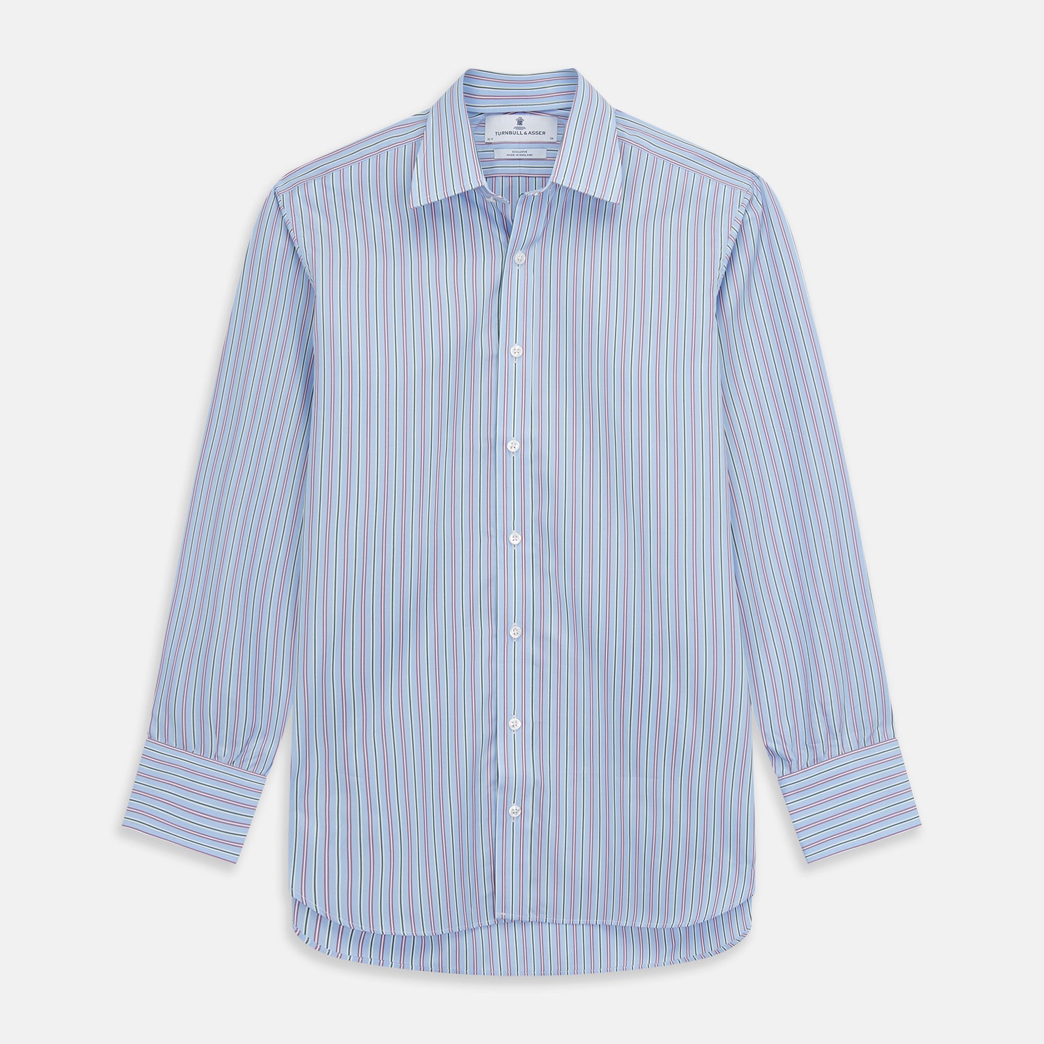View 1 of product The Turnbull & Asser Blue, Purple & Green Stripe Regular Fit Shirt features a T&A collar and 3 button cuffs, laid flat on a white surface.