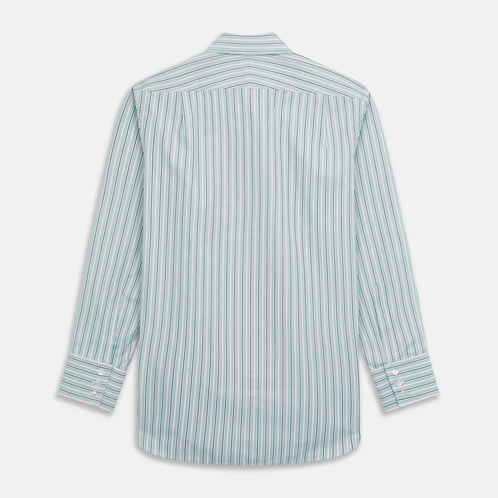 The Turnbull & Asser Green, Navy & Pink Stripe Regular Fit Shirt features a T&A collar, 3 button cuffs, and bold vertical stripes for a classic look.