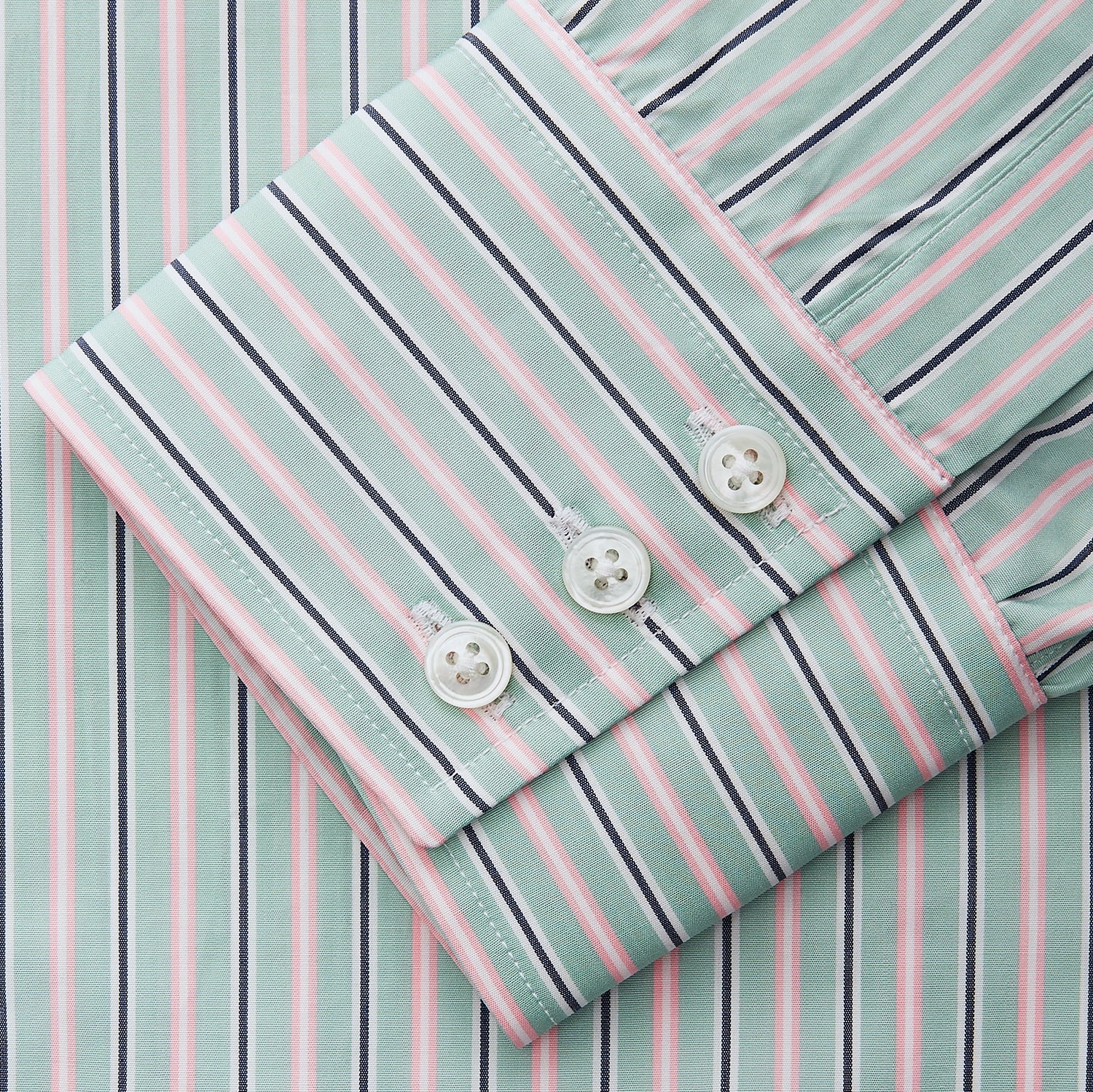 View 3 of product The Turnbull & Asser Green, Navy & Pink Stripe Regular Fit Shirt features a T&A collar, 3 button cuffs, and bold vertical stripes for a classic look.