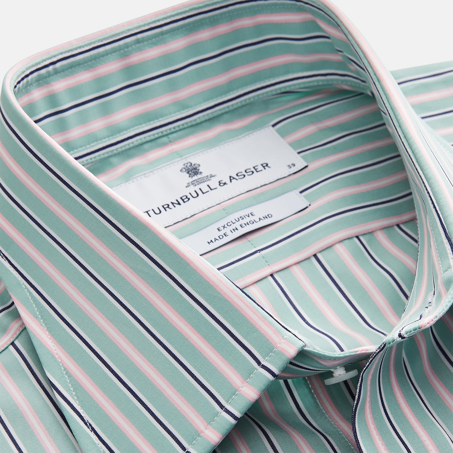 View 2 of product The Turnbull & Asser Green, Navy & Pink Stripe Regular Fit Shirt features a T&A collar, 3 button cuffs, and bold vertical stripes for a classic look.