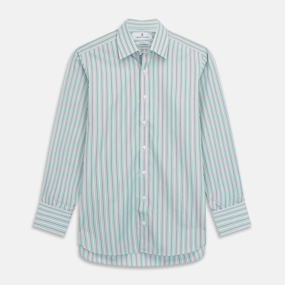 The Turnbull & Asser Green, Navy & Pink Stripe Regular Fit Shirt features a T&A collar, 3 button cuffs, and bold vertical stripes for a classic look.