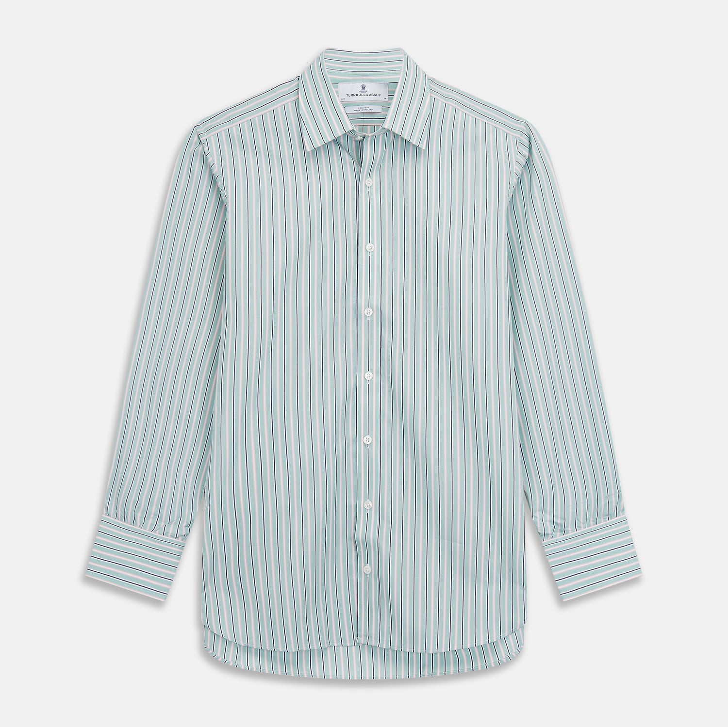 View 1 of product The Turnbull & Asser Green, Navy & Pink Stripe Regular Fit Shirt features a T&A collar, 3 button cuffs, and bold vertical stripes for a classic look.
