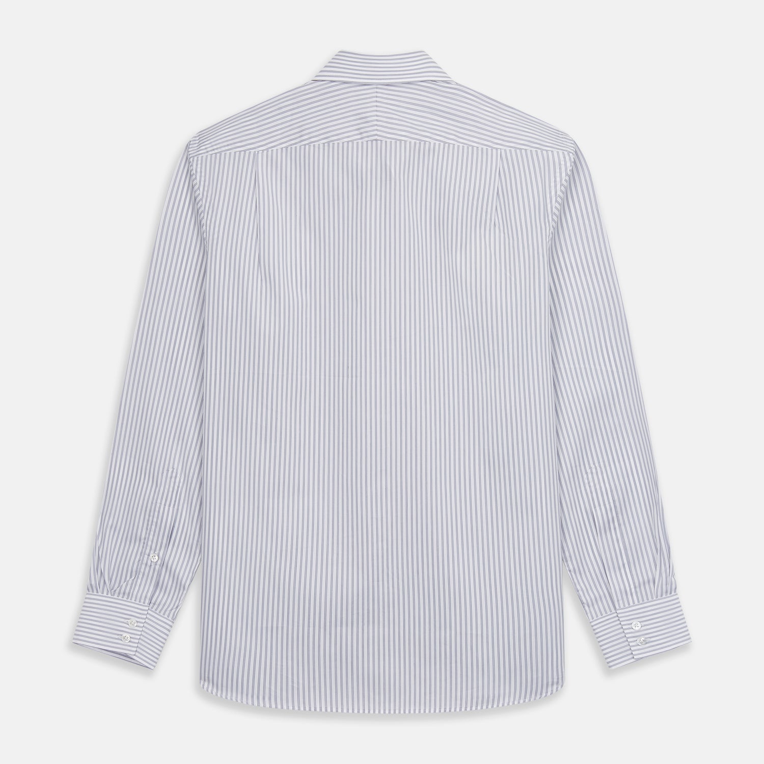 View 5 of product The Turnbull & Asser Grey Multi Stripe Tailored Fit Twill Shirt features a Kent collar and 2 button cuffs, displayed flat on a white background.