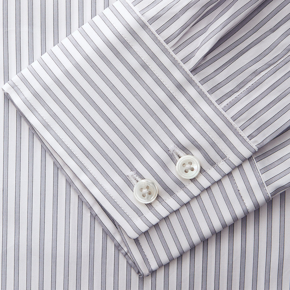 The Turnbull & Asser Grey Multi Stripe Tailored Fit Twill Shirt features a Kent collar and 2 button cuffs, displayed flat on a white background.