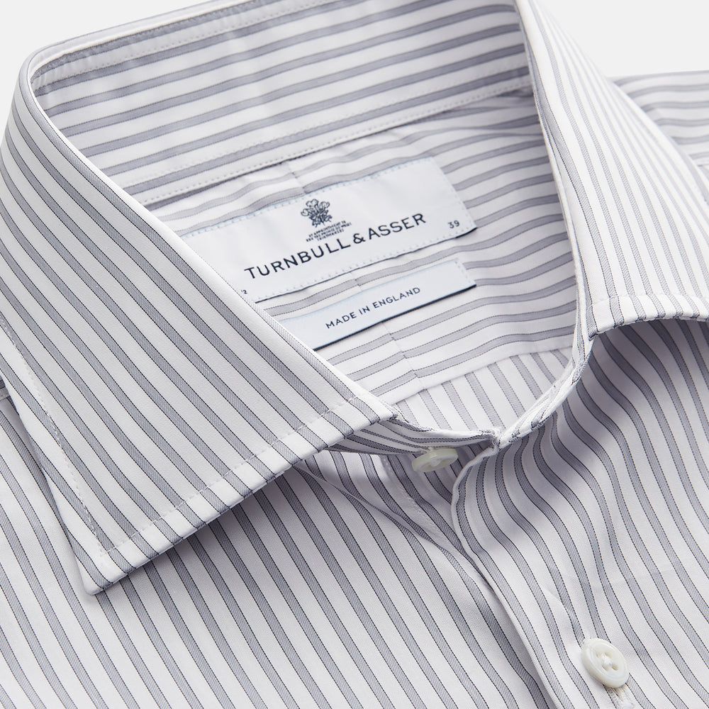 The Turnbull & Asser Grey Multi Stripe Tailored Fit Twill Shirt features a Kent collar and 2 button cuffs, displayed flat on a white background.