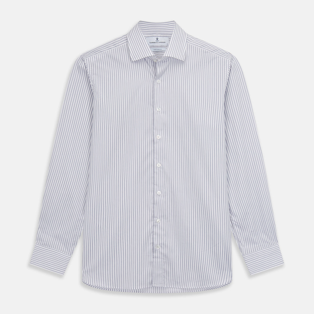 The Turnbull & Asser Grey Multi Stripe Tailored Fit Twill Shirt features a Kent collar and 2 button cuffs, displayed flat on a white background.
