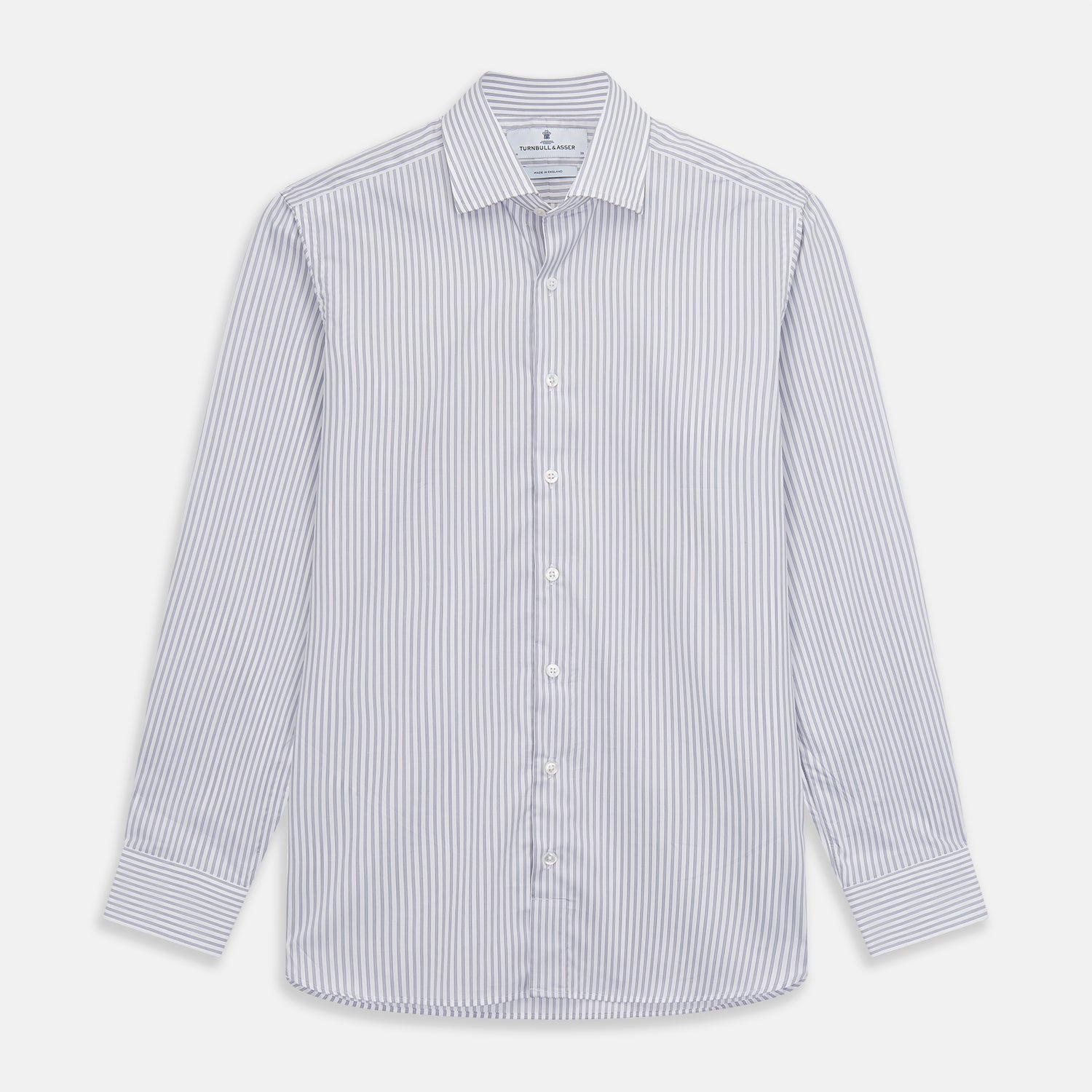 View 1 of product The Turnbull & Asser Grey Multi Stripe Tailored Fit Twill Shirt features a Kent collar and 2 button cuffs, displayed flat on a white background.