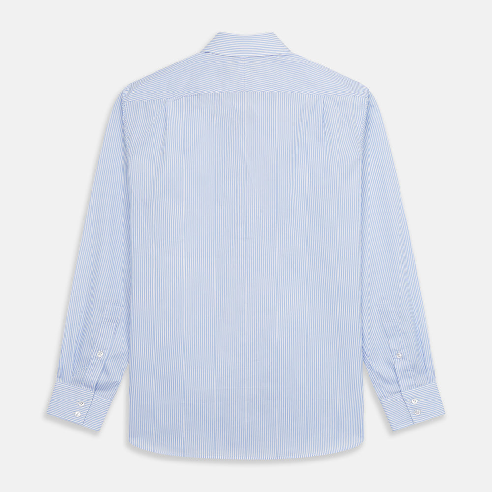 Turnbull & Asser Blue Multi Stripe Tailored Fit Twill Shirt features a Kent collar, 2 button cuffs, and white buttons. Crafted from Italian cotton, it's displayed flat on a white background.