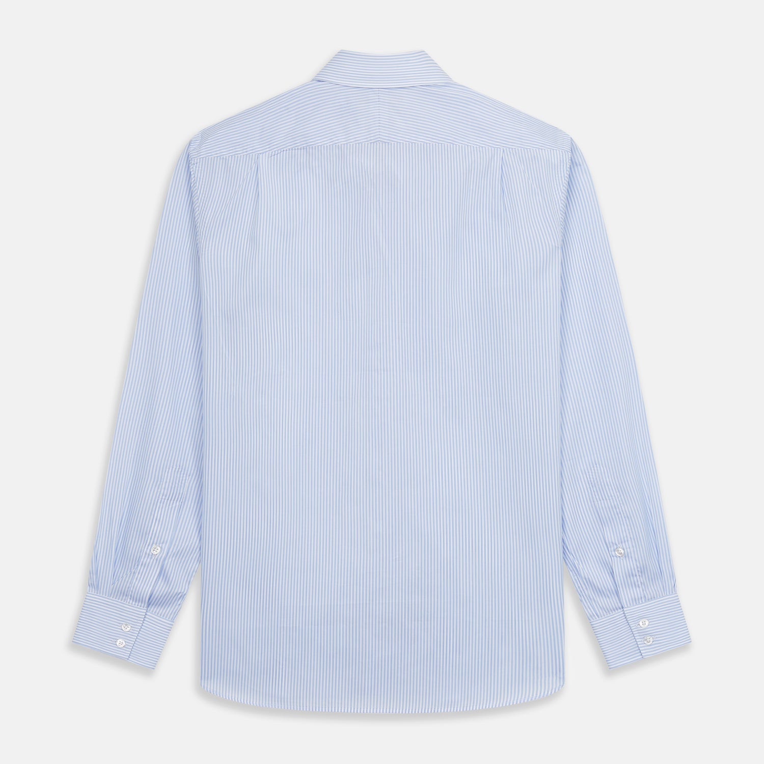 View 5 of product Turnbull & Asser Blue Multi Stripe Tailored Fit Twill Shirt features a Kent collar, 2 button cuffs, and white buttons. Crafted from Italian cotton, it's displayed flat on a white background.