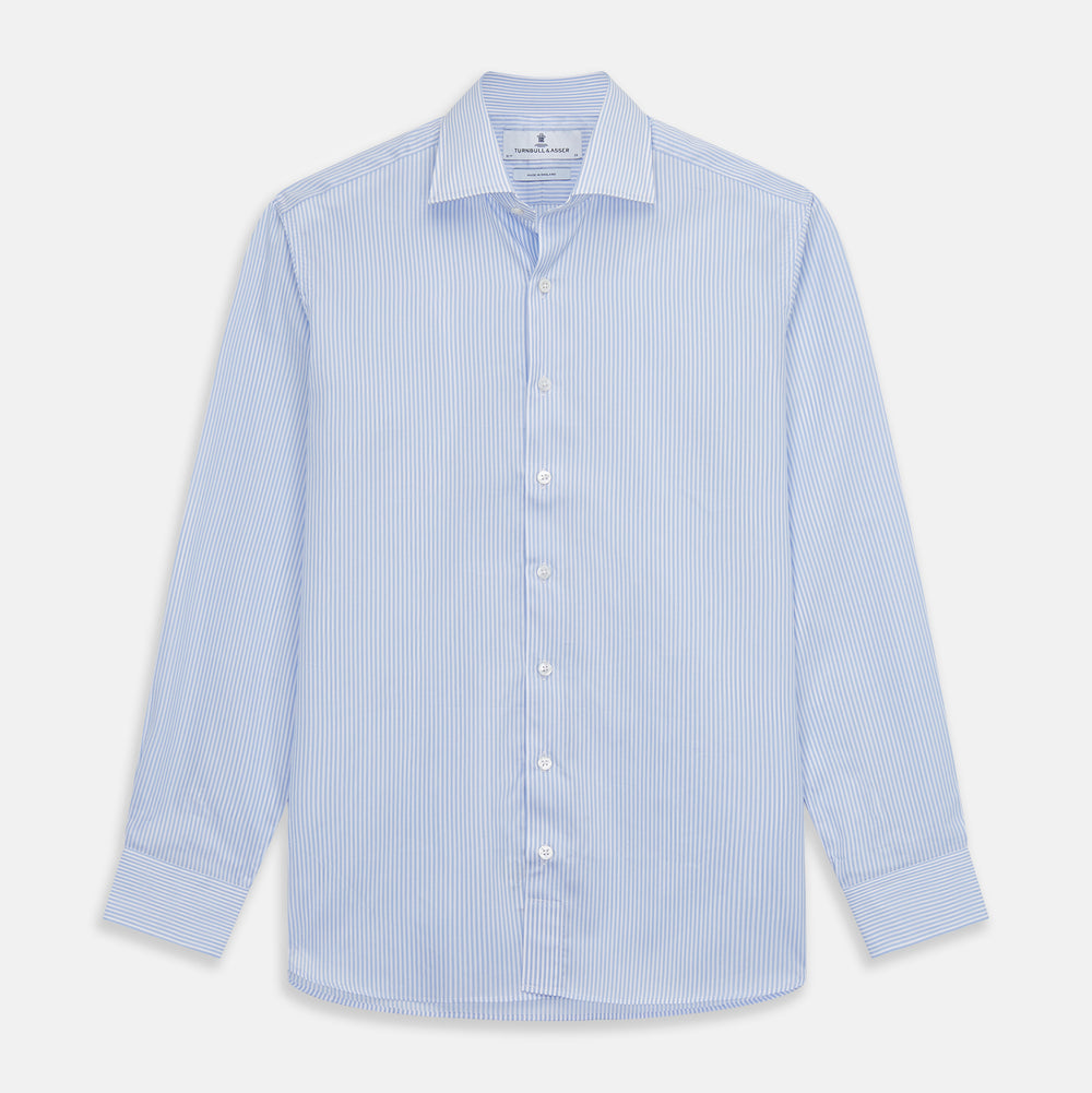 Turnbull & Asser Blue Multi Stripe Tailored Fit Twill Shirt features a Kent collar, 2 button cuffs, and white buttons. Crafted from Italian cotton, it's displayed flat on a white background.