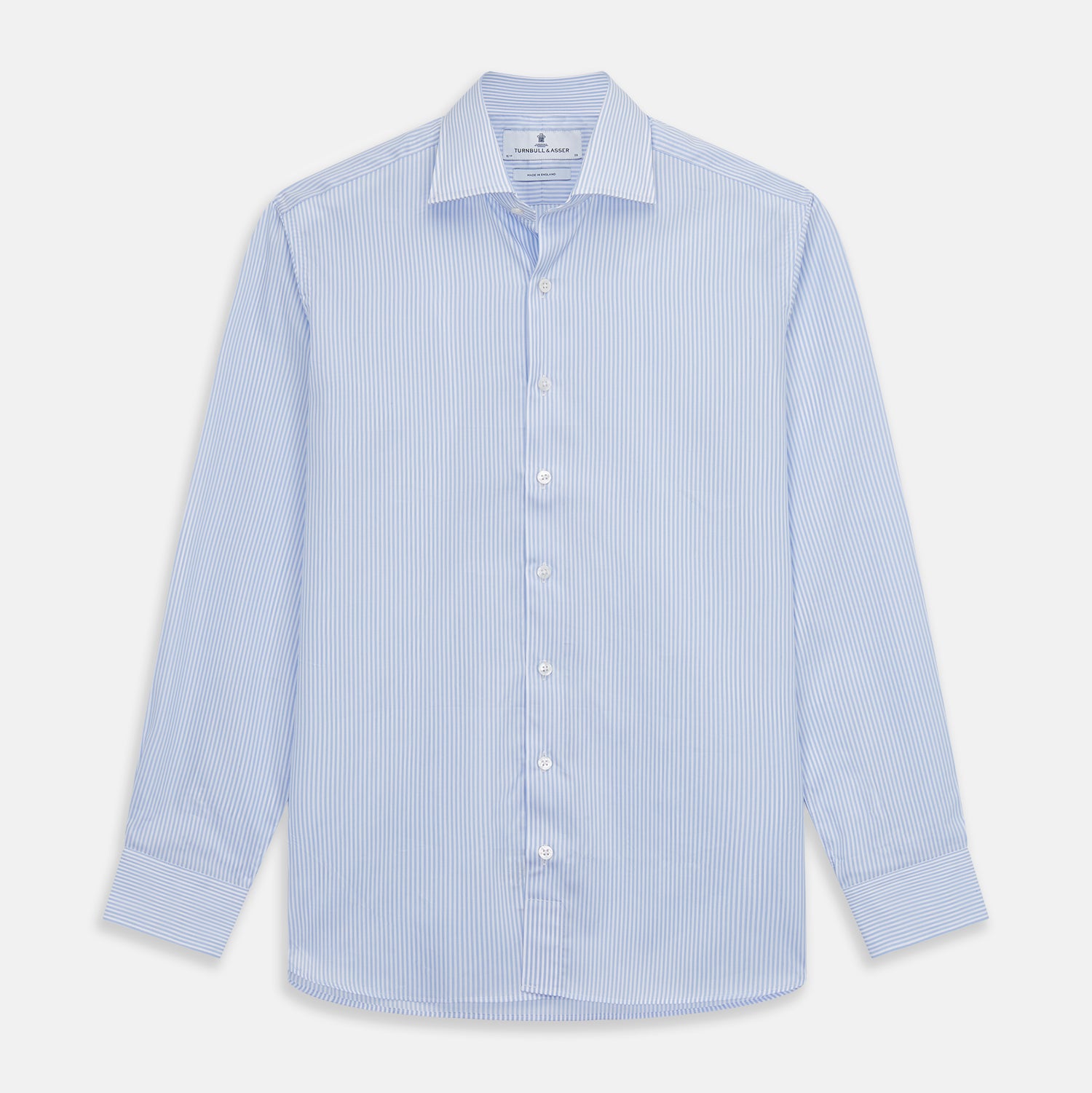 View 1 of product Turnbull & Asser Blue Multi Stripe Tailored Fit Twill Shirt features a Kent collar, 2 button cuffs, and white buttons. Crafted from Italian cotton, it's displayed flat on a white background.