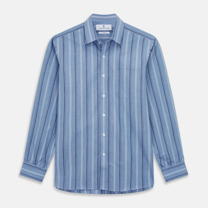 Blue Multi Chambray Stripe Weekend Fit Shirt with Derby Collar and 1 Button Cuffs Image 1