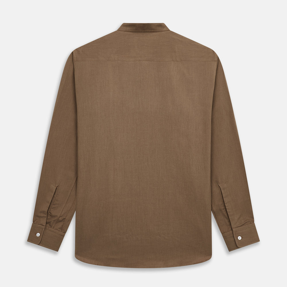 The Turnbull & Asser Brown Military Weekend Fit Cotton & Wool Shirt features a stand collar, 1-button cuffs, and two chest flap pockets; shown laid flat on a white background.