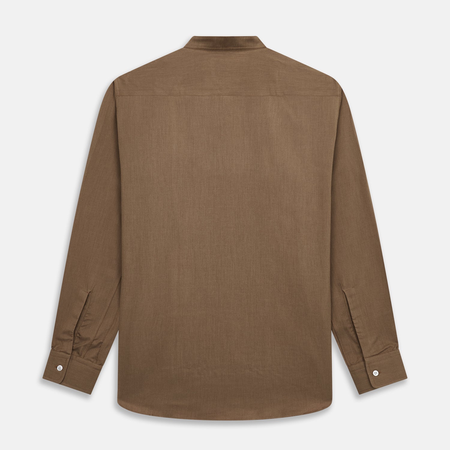 View 6 of product The Turnbull & Asser Brown Military Weekend Fit Cotton & Wool Shirt features a stand collar, 1-button cuffs, and two chest flap pockets; shown laid flat on a white background.