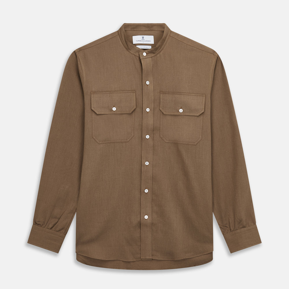 The Turnbull & Asser Brown Military Weekend Fit Cotton & Wool Shirt features a stand collar, 1-button cuffs, and two chest flap pockets; shown laid flat on a white background.