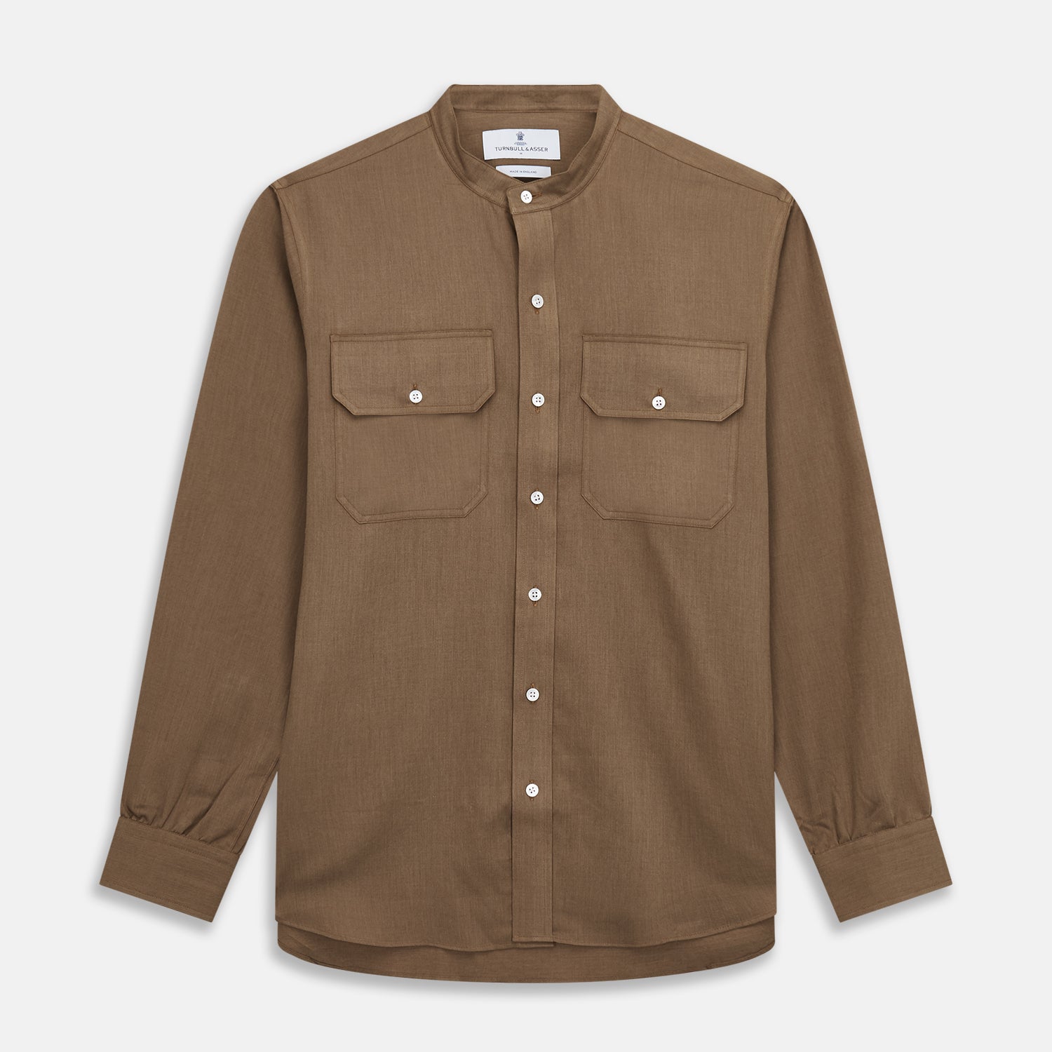View 1 of product The Turnbull & Asser Brown Military Weekend Fit Cotton & Wool Shirt features a stand collar, 1-button cuffs, and two chest flap pockets; shown laid flat on a white background.