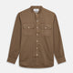 The Turnbull & Asser Brown Military Weekend Fit Cotton & Wool Shirt features a stand collar, 1-button cuffs, and two chest flap pockets; shown laid flat on a white background.